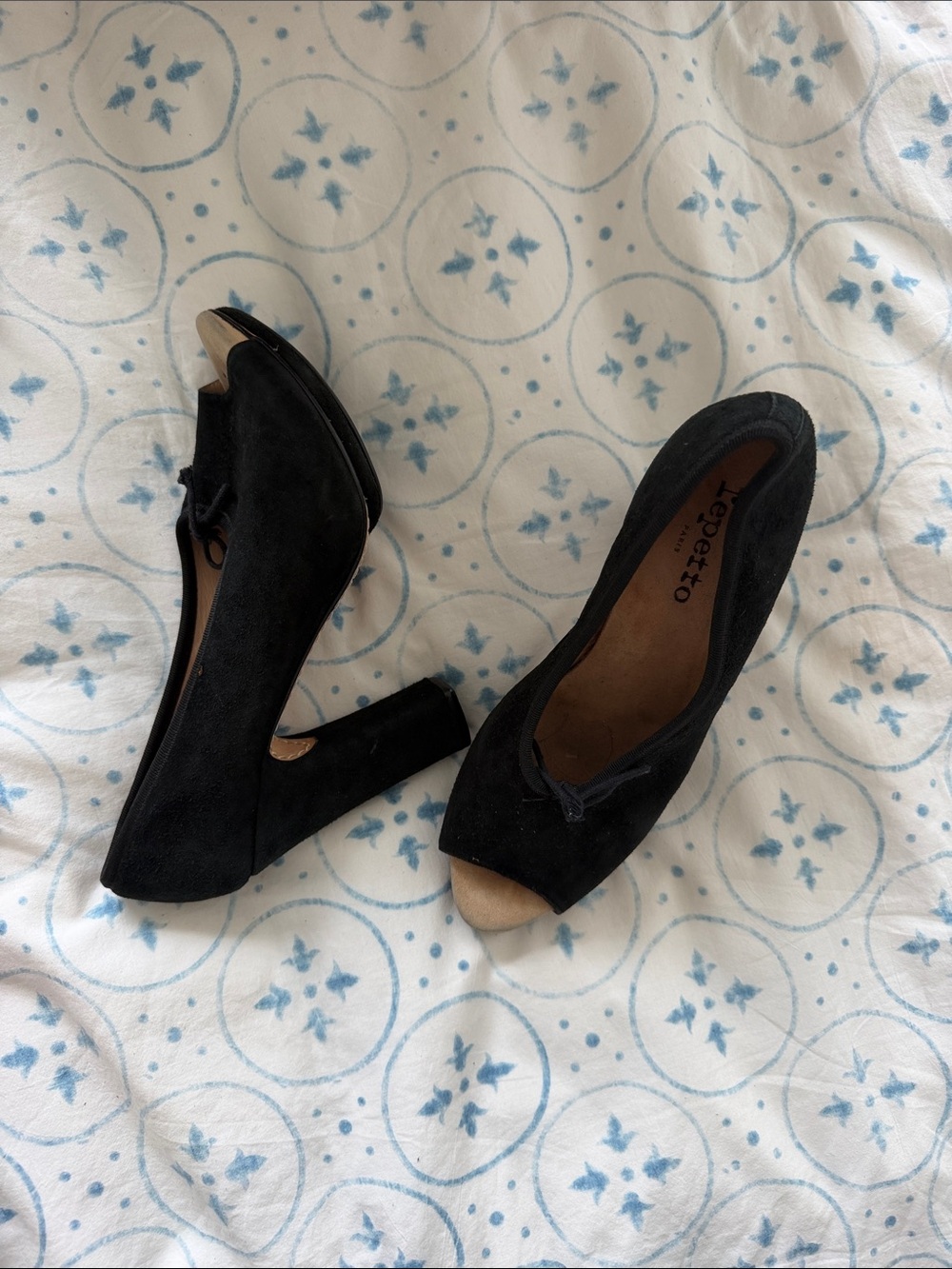 Repetto Black Suede Peep-Toe Block Heel Pumps